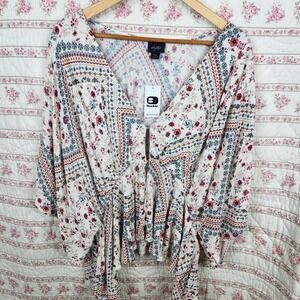 Daytrip XXL Floral Peasant Top Boho Blouse Tie Front Bohemian Women's Plus Size